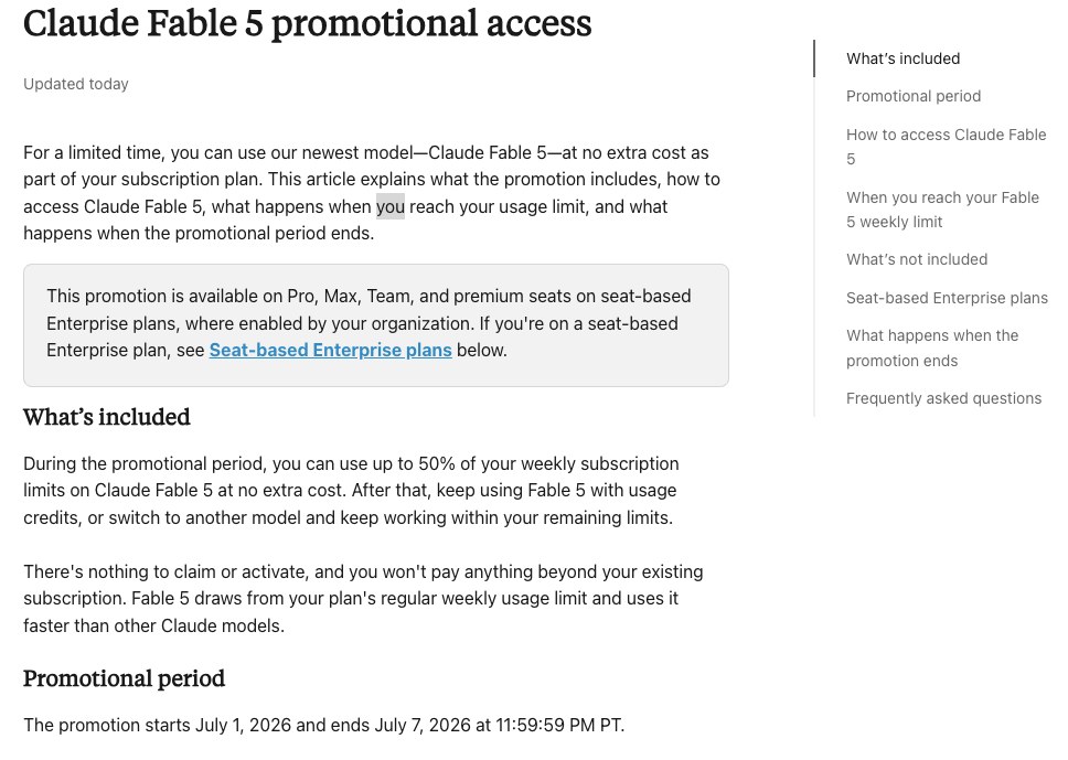 Anthropic公式サポートページ Claude Fable 5 promotional access