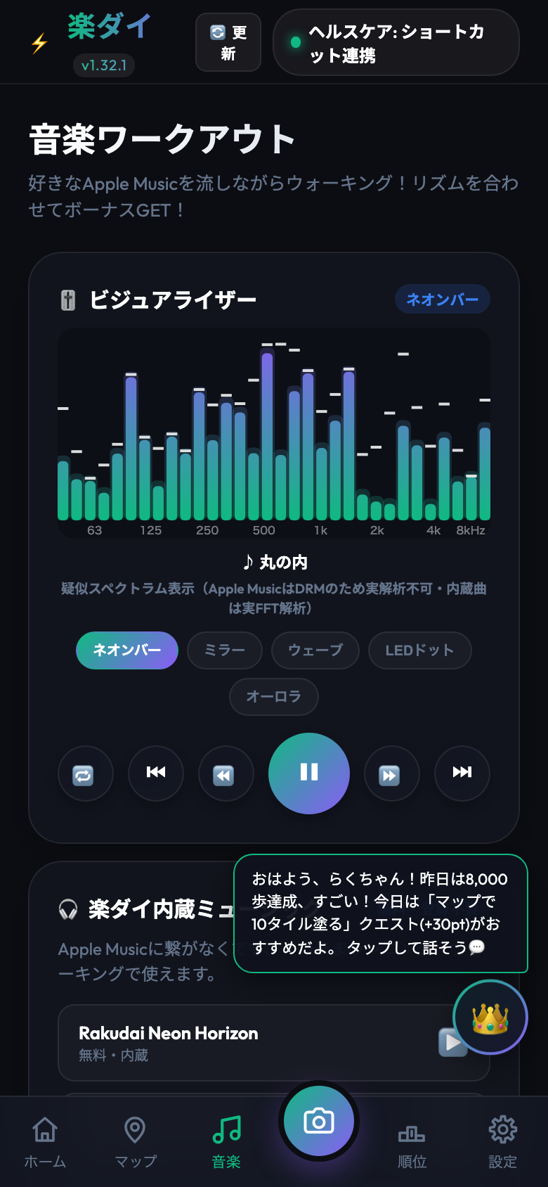 音楽画面。イコライザーが音に合わせて踊ります