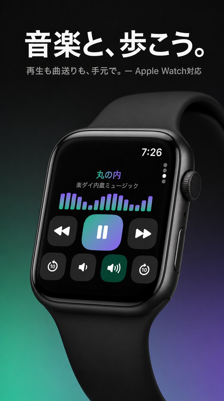 楽ダイ Apple Watch ミュージック画面。ビジュアライザーが音に合わせて踊り、再生・曲送り・プラスマイナス10秒・音量を手元で操作