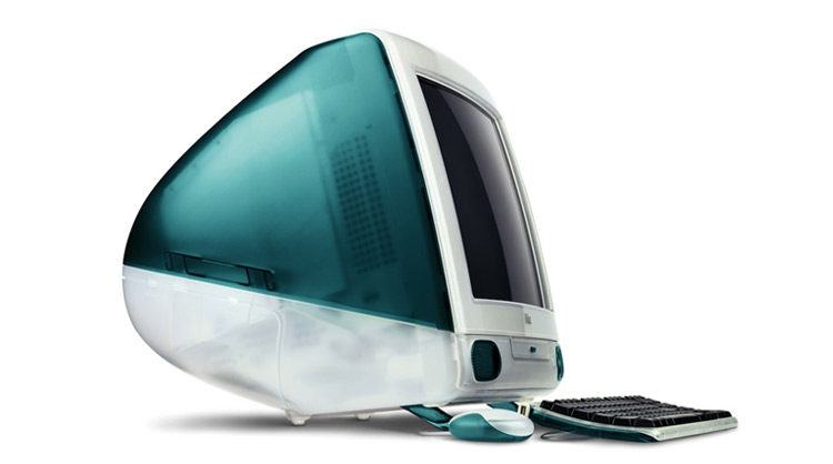 iMac G3 ボンダイブルー。半透明の青緑色をした一体型のMac
