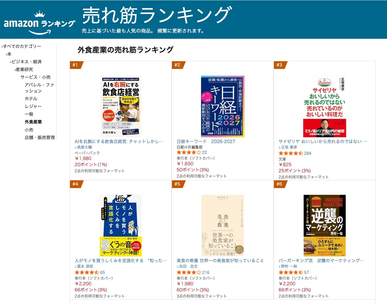 Amazon外食産業の売れ筋ランキングで1位（2026年10月26日）
