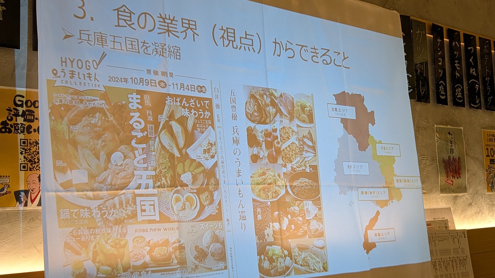 食の業界(視点)からできること 兵庫五国を凝縮と題したスライド。兵庫の地図と五国の食材