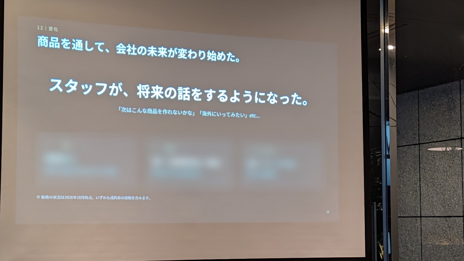 商品を通して、会社の未来が変わり始めた。スタッフが、将来の話をするようになった、と書かれたスライド