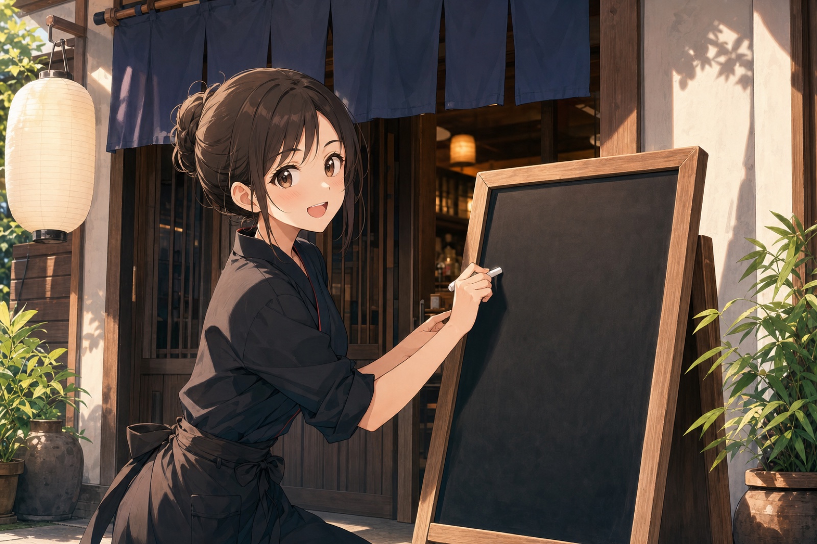 店頭の黒板メニューを書き換えるスタッフのイラスト