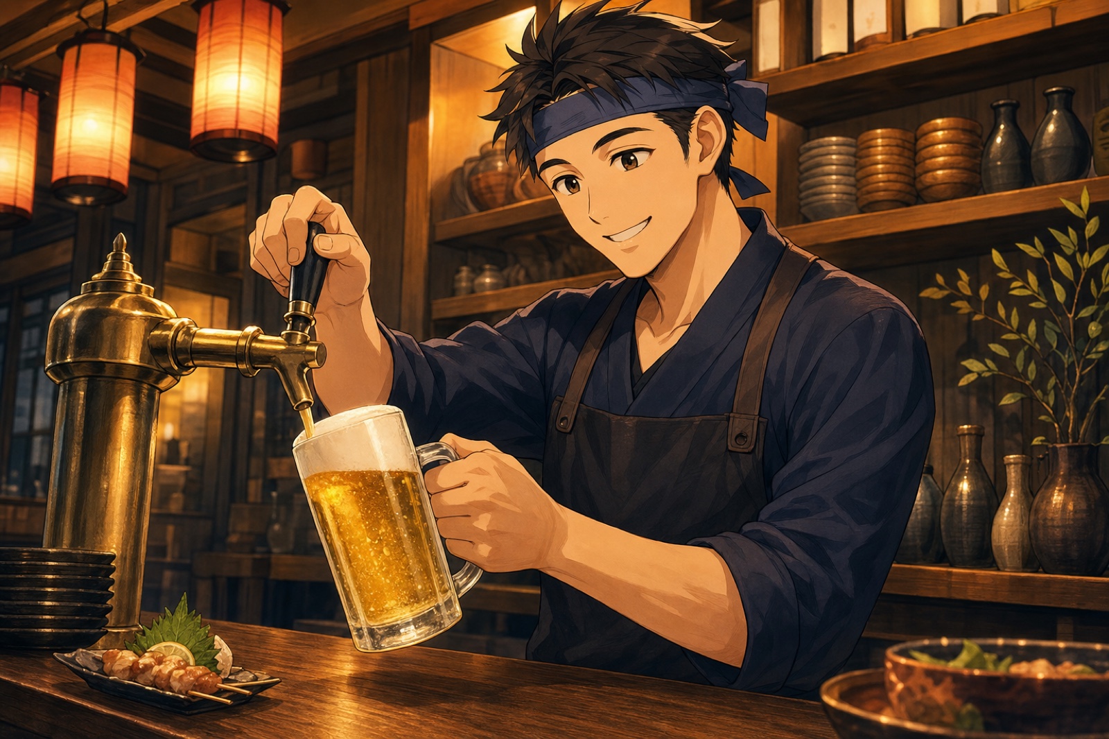 生ビールを丁寧に注ぐ居酒屋の店主のイラスト