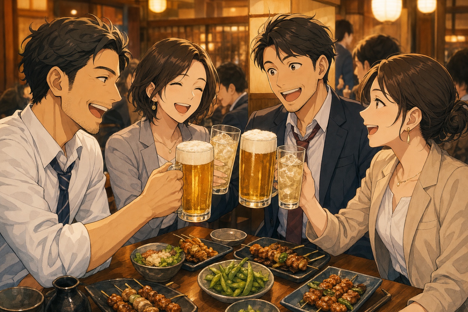 居酒屋で乾杯するお客様のイラスト